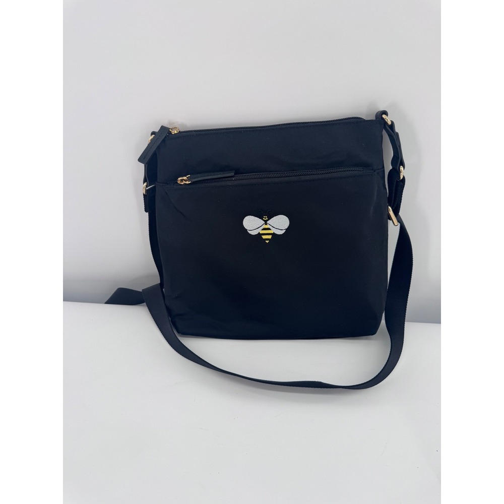 Lands End Crossbody Bag Black Nylon Embroidered‎ Bee Zip Adjustable Purse